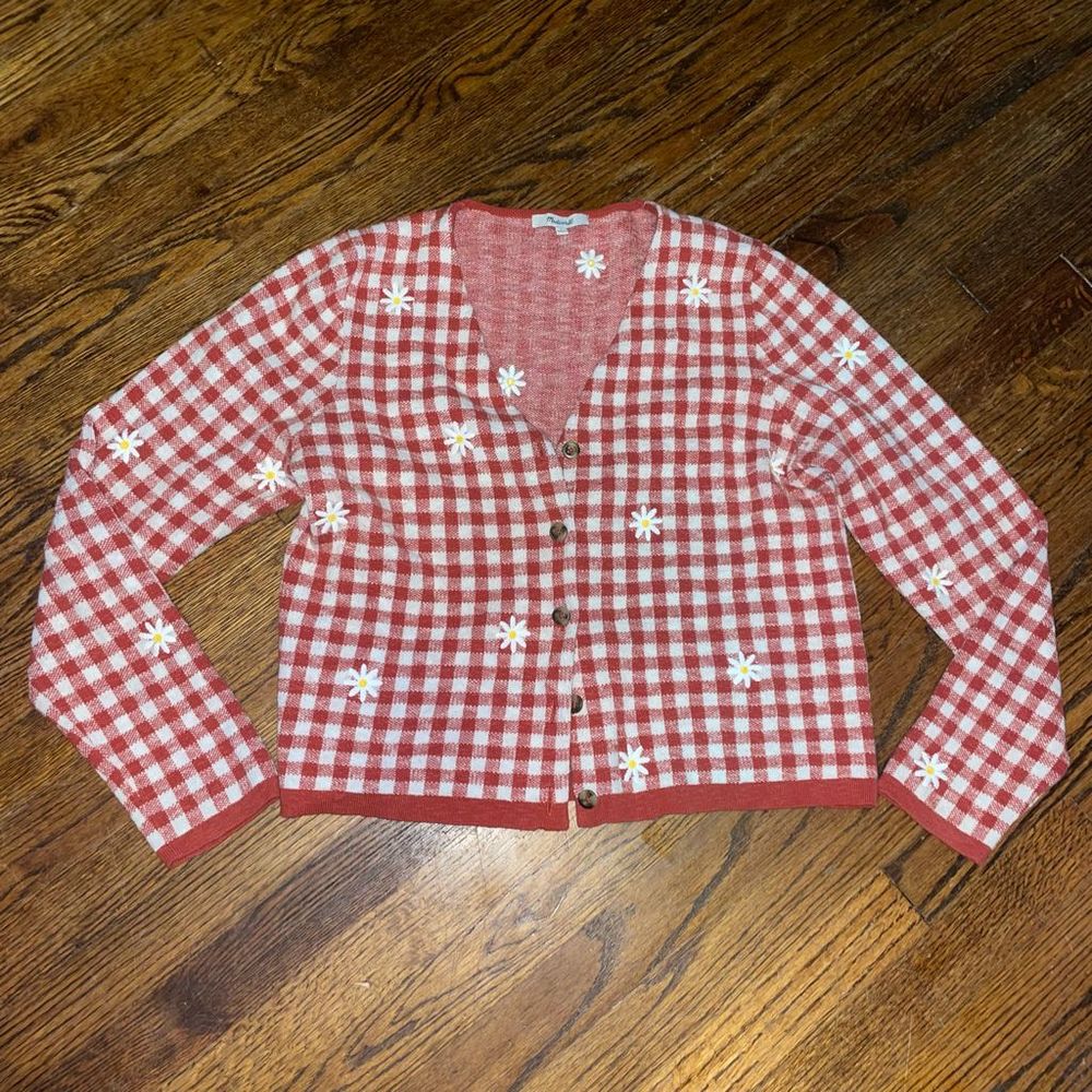 Madewell red gingham daisy sweater